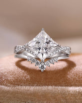 SERENITH Princess Cut Moissanite Wedding Ring Set Crossover Shank Design Bridal Ring Set